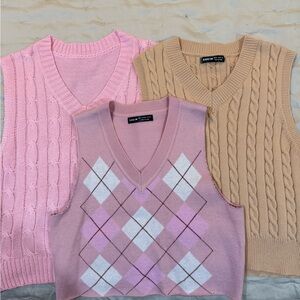 Chicwish Women's Pink and Beige V-Neck Sweater Trio 3 Fall Vests New M/L